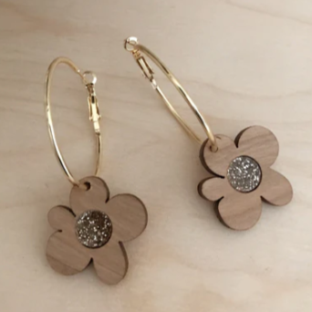 Moon Flower Hoops - Cherrywood & Gold Glitter