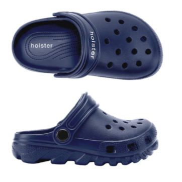 kids Navy blue clogs with 'holster' branding on a product page.